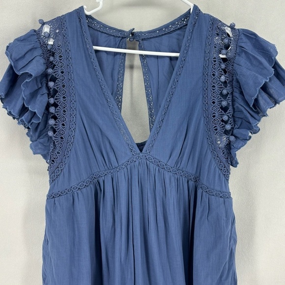 Anthropologie Women’s Size Small Blue Ruffle Flutter Sleeve Plunge Mini Dress - Picture 11 of 14